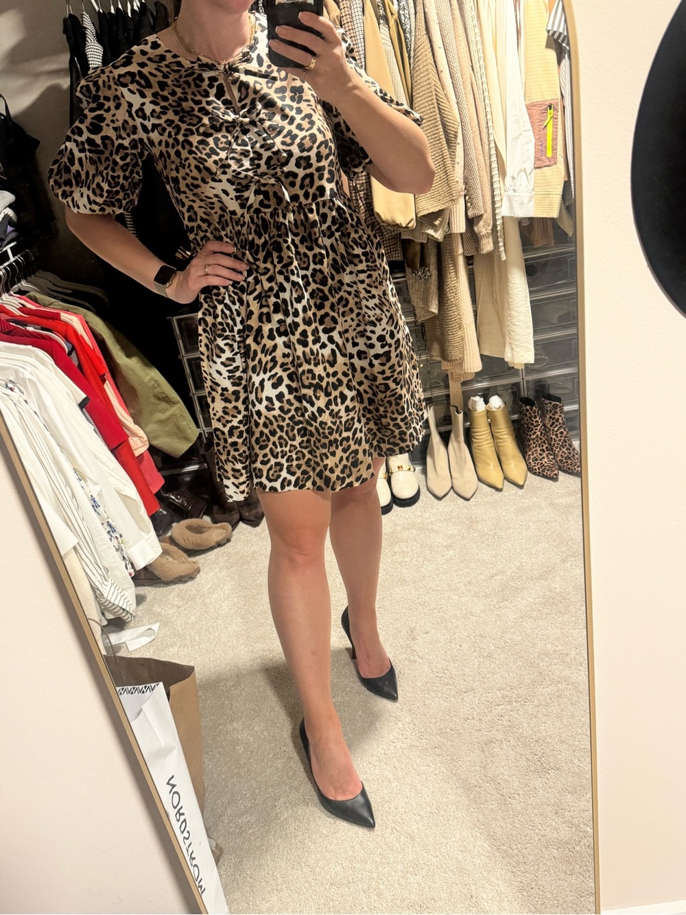 Leopard Print Short Sleeve Swing Dress - Tan/Black